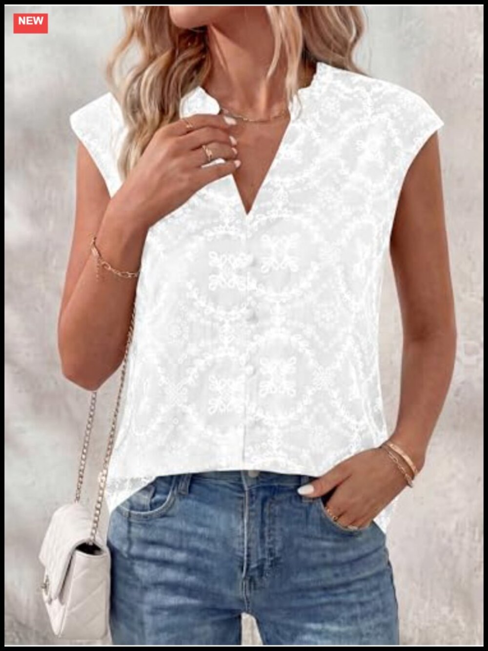 Boho Sleeveless Button Down Shirt, 100% Cotton Eyelet Embroidered Blouse, - Picture 5 of 6